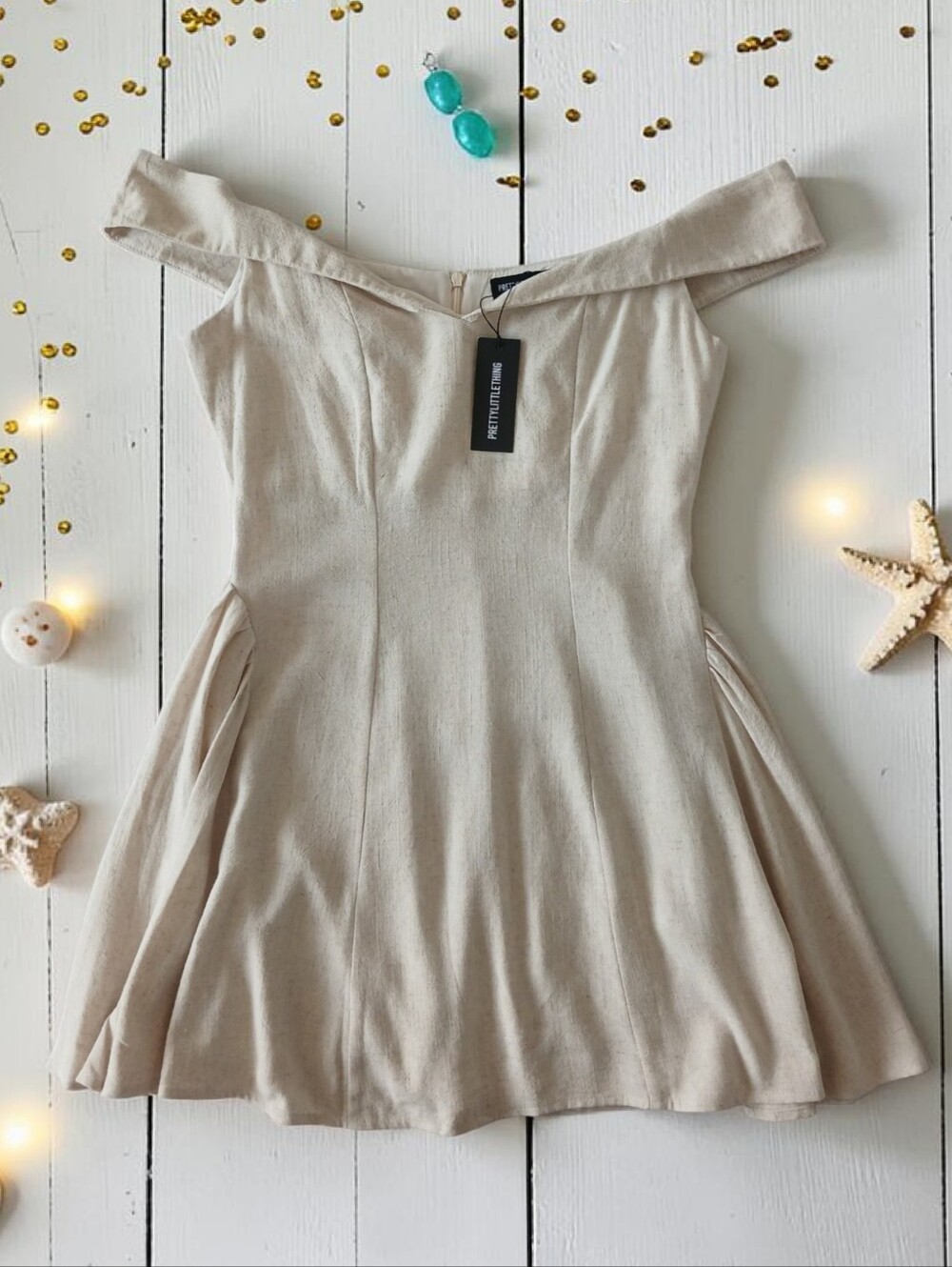 New Linen Blend PrettyLittleThing Natural Bardot Cream Off-Shoulder Shift Dress